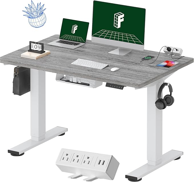 FLEXISPOT EN2 Whole-Piece Standing Desk with Clamp Power Strip, 48 x 30 Electric Stand Up Height Adjustable Desk with Cable Management (White Frame + 48" Gray Wood Grain, 2 Packages)-DeskLoop Office