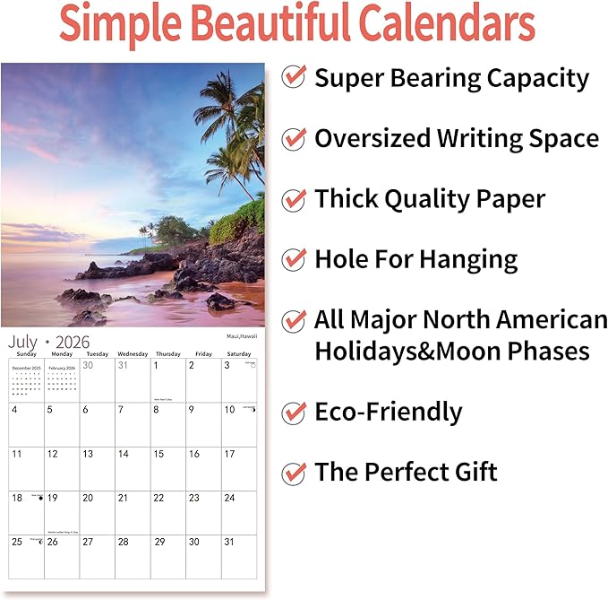 2025 Wall Calendar,Calendar 2026, July 2025 - December 2026, Wall Calendar Beaches, 12" x 24" Opened,Full Page Months Thick & Sturdy Paper for Calendar Organizing & Planning-DeskLoop Office