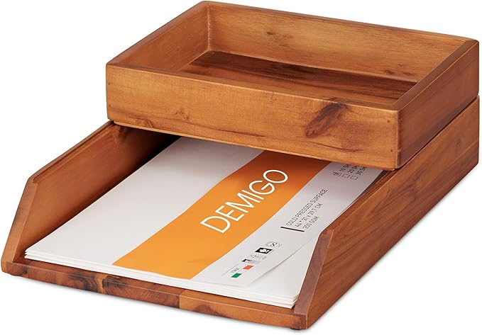 Demigo Desk Organizer Letter Tray Set of 2, Acacia Wood Tabletop Desktop for Storage Paper Letter Folders Notebooks Copy Print, Workspace Holder, Keep Stationery Saver (Brown)-DeskLoop Office