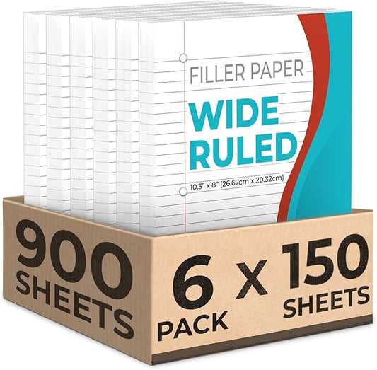 Loose Leaf Paper, 900 Sheets, 6 Pack, Wide Ruled, 8" x 10.5", 56 gsm Bulk Office Filler Sheets, 3 Hole Punched, 150 Sheets/Pack, Wide Ruled for 3 Ring Binder, Notebook Paper, White-DeskLoop Office