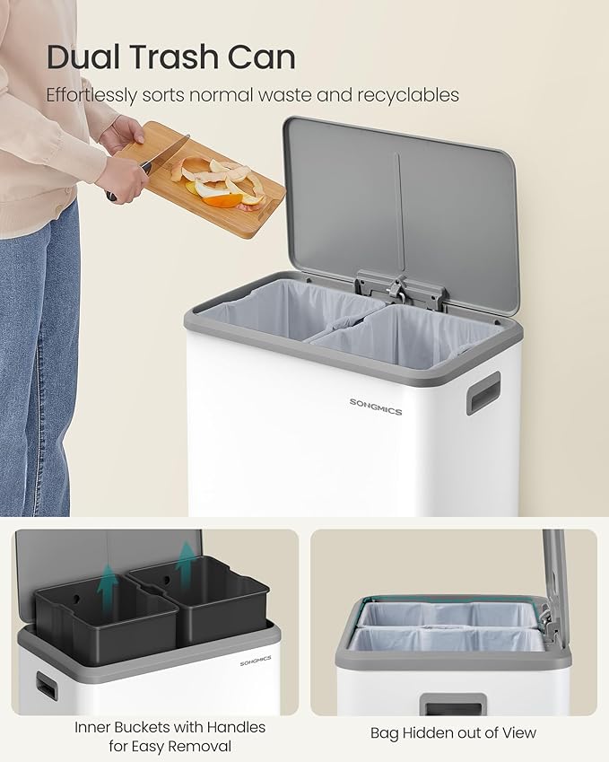 SONGMICS Trash Can, 2 x 8 Gallon (2 x 30 L) Double Garabge Can for Recycling and Waste, Stainless Steel, Soft-Close Lid, Inner Buckets, Wide Sturdy Pedal, Cloud White ULTB556W01-DeskLoop Office