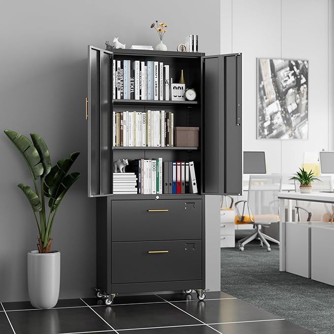 Aobabo Metal 2 Drawers Lateral File Storage Cabinet and Unit Adjustable Shelf Organizer, 2 Door Storage Office Steel Files Cabinet with Wheels, Legal/Letter A4 Size, Assembly Required, Black-DeskLoop Office