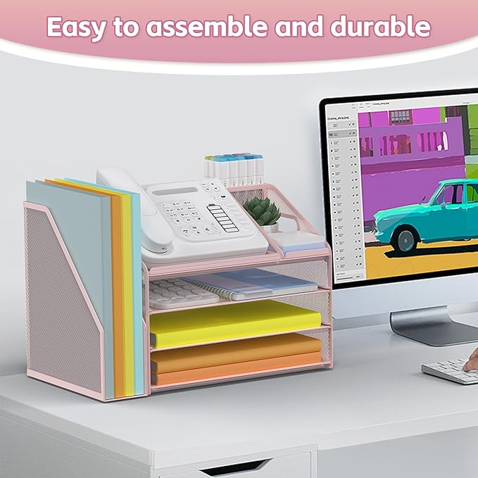 DocNest 4 Tier Paper Letter Tray File Organizer, Mesh Desk File with Handle, Workspace Desk Organizers with Pen Holder, Office Organization Storage Accessories - Pink-DeskLoop Office