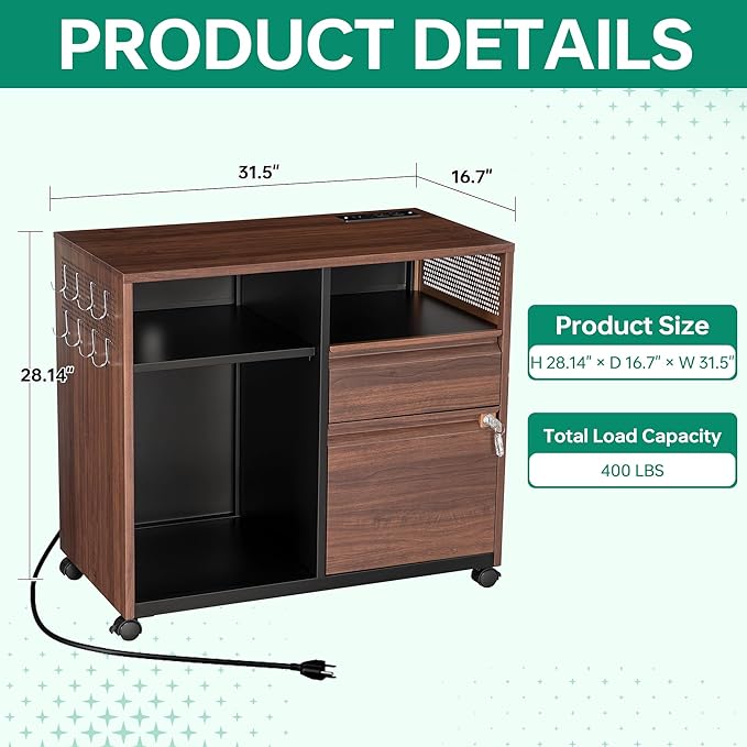 Letaya Mobile 2 Drawer File Cabinet with Lock, Metal Lateral Printer Stand Filing Storage Cabinets with Shelves for Home Office-A4/F4/Letter (Charging Socket)-DeskLoop Office