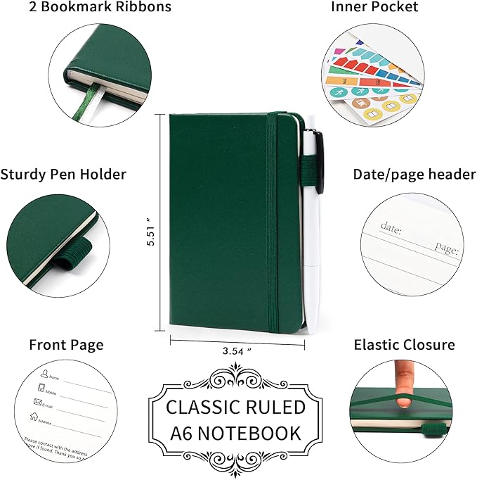 feela 6 Pack Pocket Mini Notebooks Bulk, Small Cute Memo Notepads Hardcover College Ruled Lined Journals with Pen Holder for School Business Work, with 6 Black Pens, 3.5”x 5.5”, A6, Dark Green-DeskLoop Office