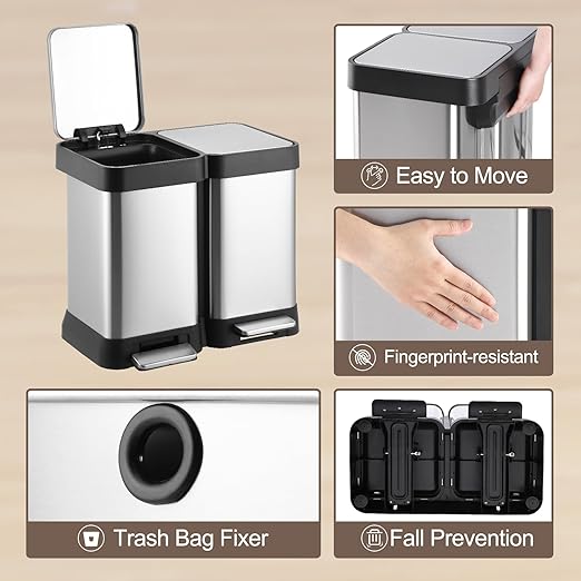 13 Gallon Dual Compartment Trash Can, 2 x 25L Fingerprint Resistant Stainless Steel Kitchen Garbage Can with 2 Soft-Close Lid & Foot Pedal for Kitchen Office Bathroom, Without Inner Bucke-DeskLoop Office