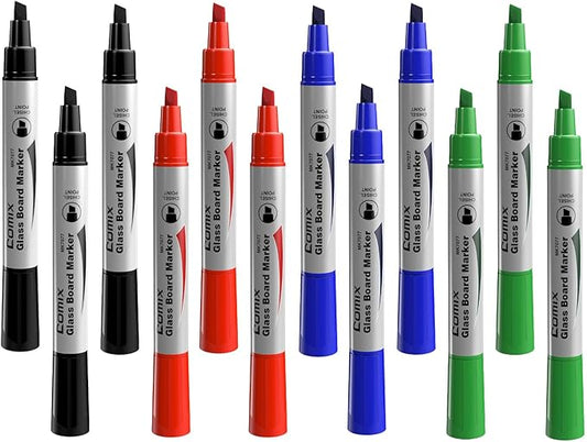 Comix Glass Board Dry Erase Markers, Low Odor Whiteboard Markers, Chisel Tip, 4 Assorted Colors, 12 Pack-DeskLoop Office