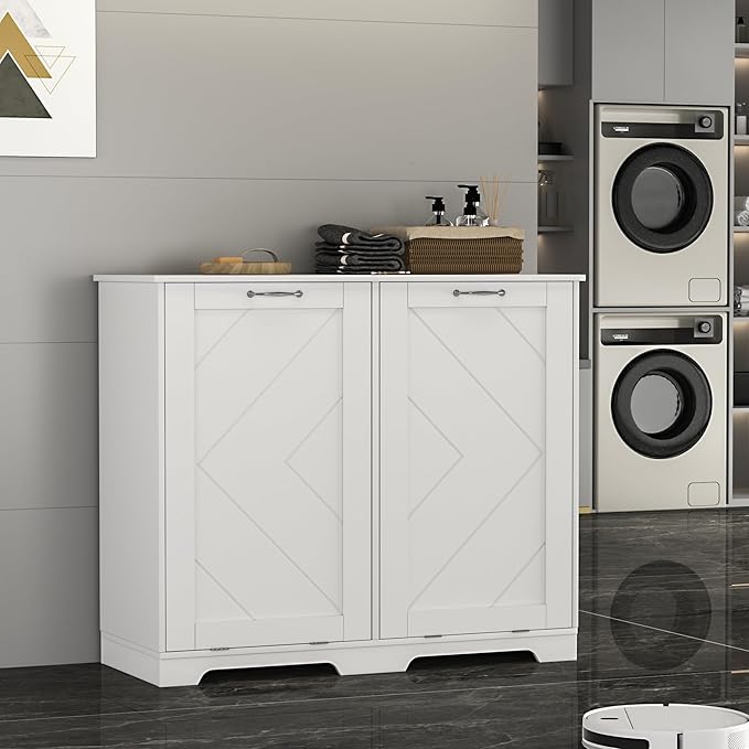 VECELO Double Tilt Out Kitchen Trash Bin Cabinet Dog Proof Garbage Can with Wood Holder Free Standing Recycling, White-DeskLoop Office