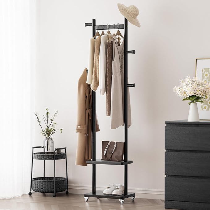 Coat Rack Freestanding Clothing Rack with Wheels & 2 Shelves Storage & 5 Hooks Heavy Duty Clothes Rack Wood Coat Tree Stand Hat Hanger Rack for Corner Bedroom Entryway Living Room Hotel-DeskLoop Office