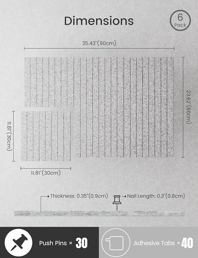 Bumusty Large Cork Board Alternative-36 x24 Felt Bulletin Board Tiles, with 30 Pushpins, 40 Adhesive Tabs, 6-Pack Slat Wall Paneling, Cork Boards for Office Push Pin Board Felt Board-Marble Gray-DeskLoop Office
