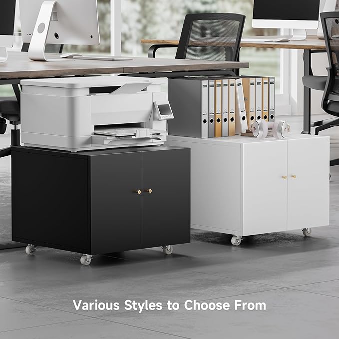 Warmiehomy Metal Printer Stand with Storage Mobile Printer Tables for Small Spaces with Door Adjustable Shelf Black File Cabinet on Wheels for Home Office-DeskLoop Office