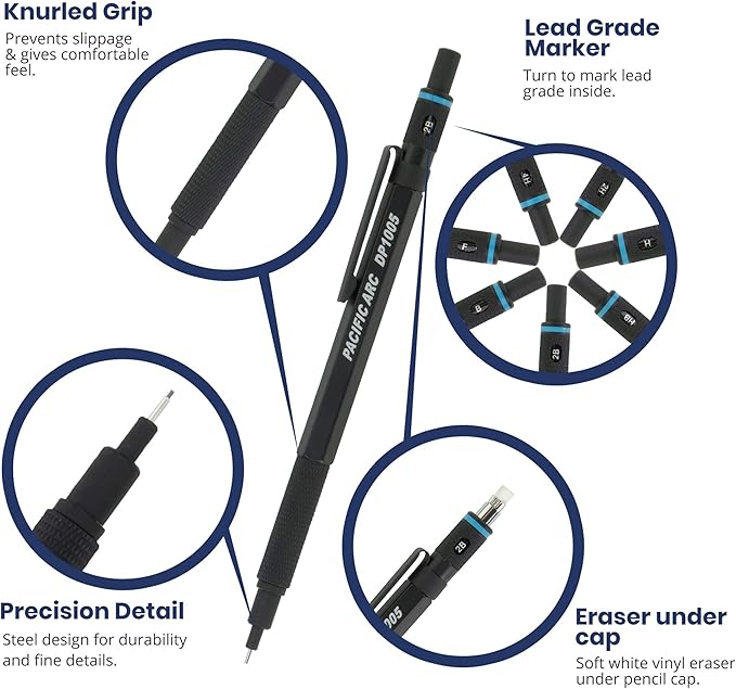 Pacific Arc Chromagraph Metal Mechanical Pencil .5 mm Black Barrel Mechanical Pencil with Built In Lead Pencil Grade Indicator, Lead Pencil Holder for Drafting, Sketching, and Drawing-DeskLoop Office