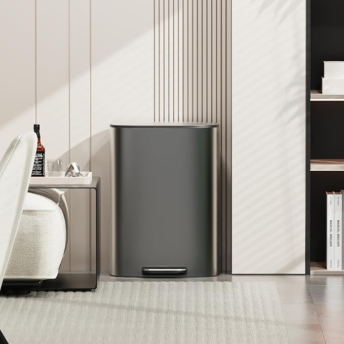 13 Gallon Stainless Steel Foot Pedal Large Trash Can with Soft Close Quiet Lid, Stainless Steel Thickened Body Oval Garbage Can with 30 Garbage Bags for Kitchen/Home/Office and More - Silver Gray