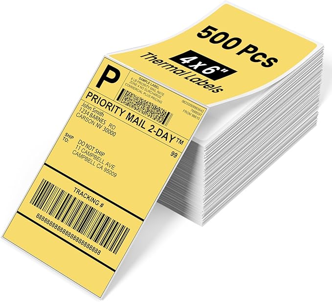 Phomemo 4x6 Thermal Label Printer Paper - 500 PCS Yellow 4"x6" Fan-Fold Shipping Supplies Labels - Water/Oilproof Label Stickers - Permanent Adhesive Thermal 4x6 Labels for Small Business-DeskLoop Office