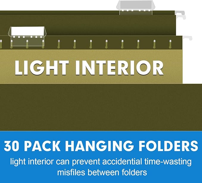 Hanging File Folders, RAZCC 30 Pack Reinforced Hanging Folders Letter Size, Designed for Bulky Files, Filing Cabinet, Adjustable Tabs, Green-DeskLoop Office
