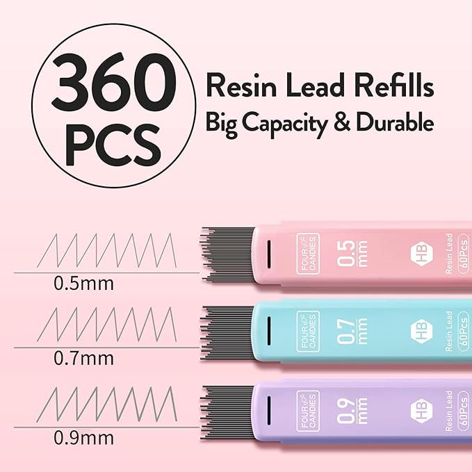 Four Candies Cute Mechanical Pencil Set, 6PCS Pastel Mechanical Pencils 0.5 mm & 0.7mm & 0.9mm with 360PCS Leads, 3PCS Erasers and 9PCS Eraser Refills, Aesthetic Pencils for Girls Writing, Art Drawing-DeskLoop Office