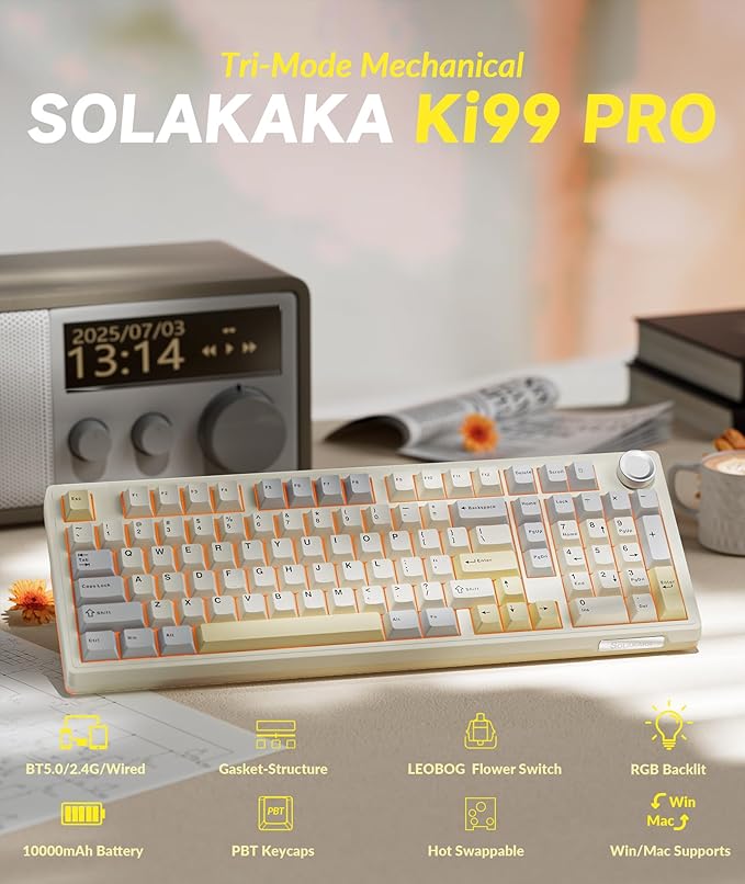 KI99 Pro 96% Wireless Mechanical Gaming Keyboard, Creamy Keyboard with Number Pad, Hot-Swappable Pre-Lubed Switches, Gasket Structure RGB Keyboards for Gamer/PC/Laptop(Beige White)-DeskLoop Office