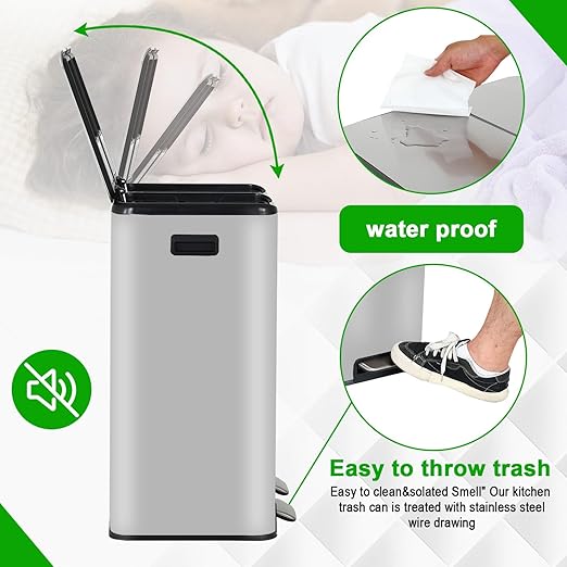 PayLessHere Trash Can, 16 Gallon (2x8G) 60 Liter Rectangular Trash Cans Stainless Steel Step Trash Can with Inner Buckets and Hinged Lids, Suitable for Kitchen Office Home Use,Silver-DeskLoop Office