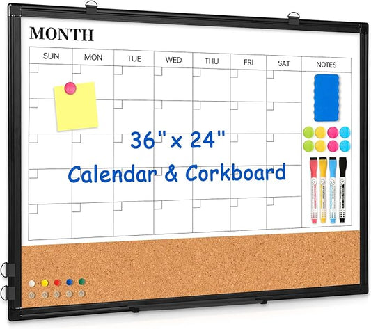 Monthly Calendar Whiteboard Dry Erase Cork Board Combo for Wall, 36" x 24" Magnetic Double-Sided Calendar White Board and Bulletin Board, Portable Board for Office, Kitchen, School, Home-DeskLoop Office