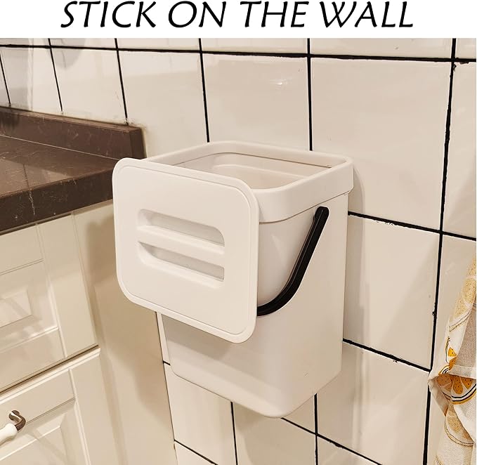 stonespace Hanging Small Trash Can with Lid Under Sink for Kitchen,1.3 Gallon/ 5L Mountable Compost Pail,Kitchen Compost Bin for Countertop, White-DeskLoop Office