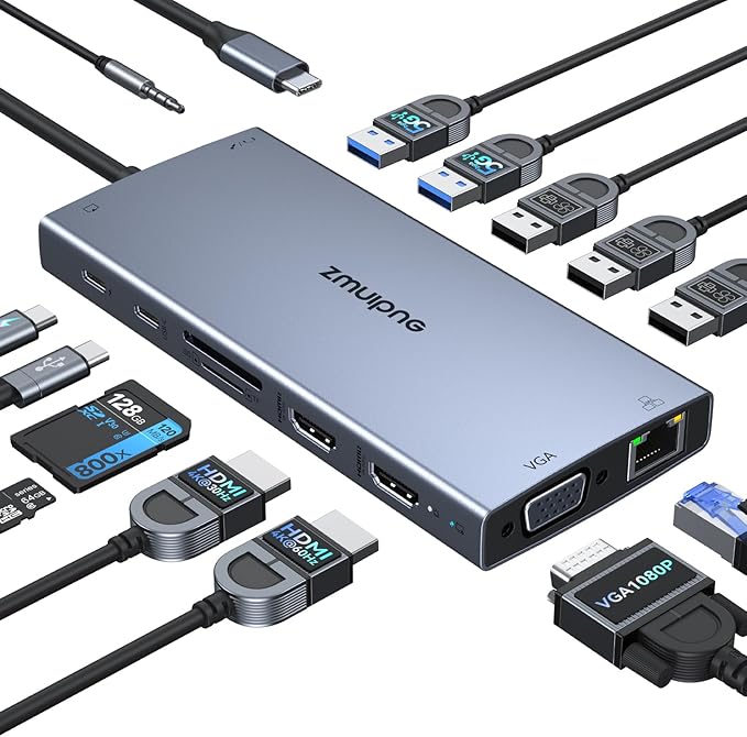 USB C Docking Station Dual Monitor 15 in 1 Laptop Docking Station Triple Display for Dell HP Lenovo Thinkpad Surface, USB C Hub Multiple Adapter Dongle with 4K HDMI+VGA+USB Port+Button+PD+Ethernet-DeskLoop Office