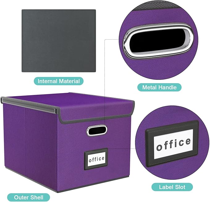 Huolewa File Organizer Box with Lid, Collapsible File Folder Organizer for Office Document Storage, Filing Box with Plastic Slide for Letter/Legal Size Hanging Files, Purple-DeskLoop Office