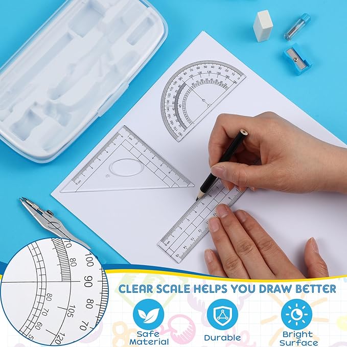 Teling 12 Sets Math Geometry Kit for Students 10 Pcs Compass Geometry Tools Set Includes Rulers Protractor Compass Eraser Pencil Sharpener Lead Refills Pencil (Blue)-DeskLoop Office
