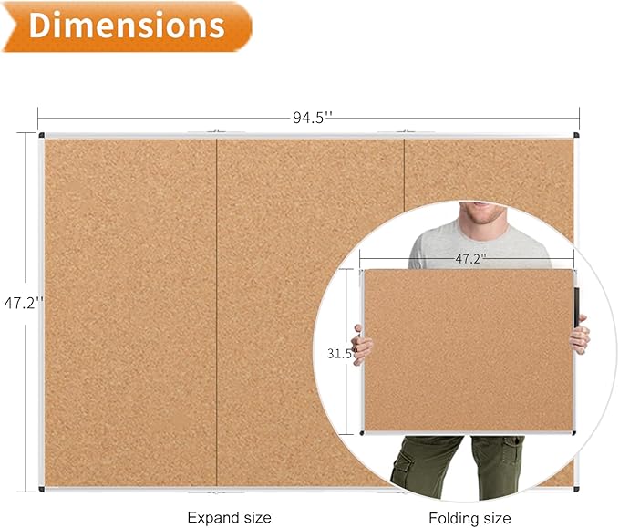 VIZ-PRO 96" x 48" Large Cork Bulletin Board, Foldable & Wall-Mounted Notice Pin Board with Silver Aluminum Frame, for School Home Office - 8' x 4' Corkboard-DeskLoop Office