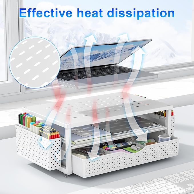 gianotter Desk Organizers and Accessories, Monitor Stand with Drawer and 2 Pen Holder, Desktop Organizer Suitable for Offices and Dormitories (White)-DeskLoop Office