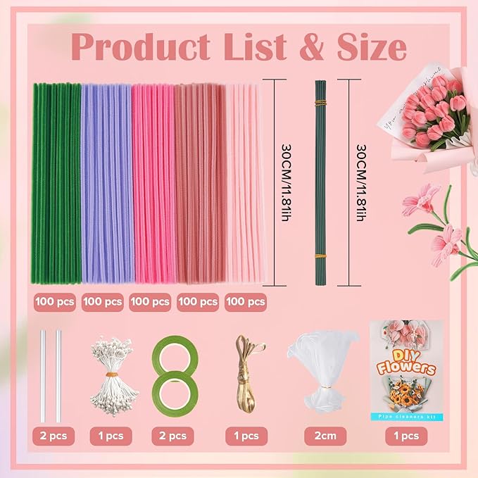 500 PCS Pipe Cleaners Craft Kit for Flower Making Lily DIY Material Bundle with 20 Stems, 100 Stamens, Ribbon, Tulle, Glue Sticks & Step-by-Step Guide Vibrant Colors, Non-Shedding, Fade-Resistant-DeskLoop Office