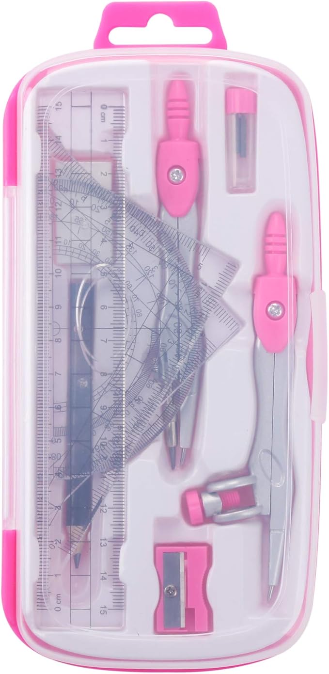 Math Geometry Kit Sets 10 Piece Student Supplies with Shatterproof Storage Box,Includes Rulers,Protractor,Compass,Eraser,Pencil Sharpener,Lead Refills,Pencil,for Drafting and Drawings(Pink)-DeskLoop Office