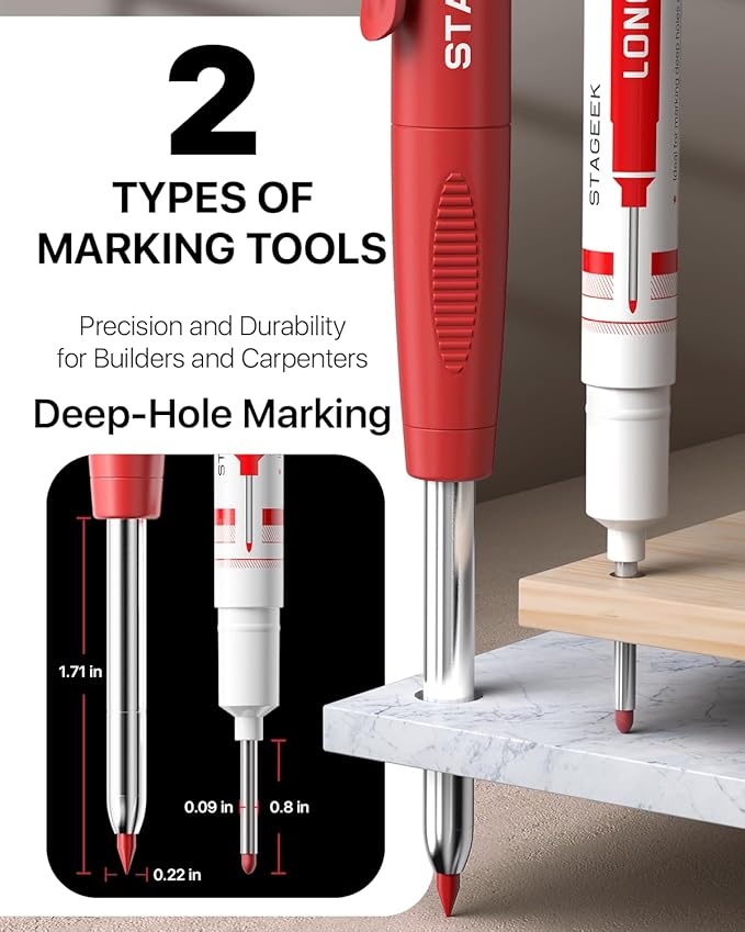Carpenter Pencils Set with Sharpener, Heavy Duty Woodworking Tools with 13 Refills (Red, Black, Yellow), Construction Pencil and Deep Hole Long Nib Marker Pen for Architect Marking with Case-DeskLoop Office