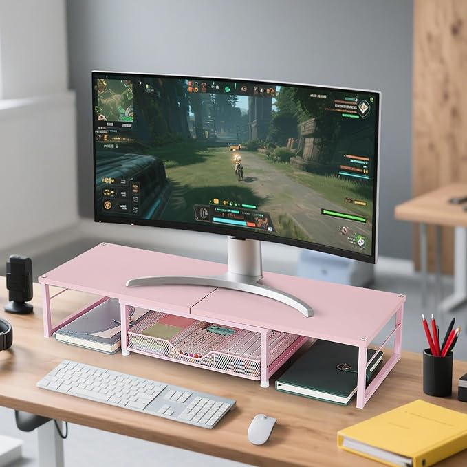 Dual Monitor Stand Riser, Desk Organizer with Drawer, Office Desk Organizers and Accessories, Office Workspace Organization Computer Monitor Stand for Laptop, Printer, TV(Pink)-DeskLoop Office
