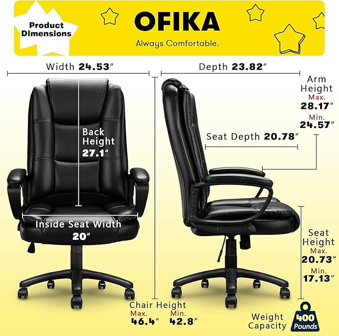 OFIKA Home Office Chair, 400LBS Big and Tall Computer Chair Heavy Duty Design, Ergonomic High Back Cushion Lumbar Back Support, Adjustable Executive Leather with Armrest-DeskLoop Office