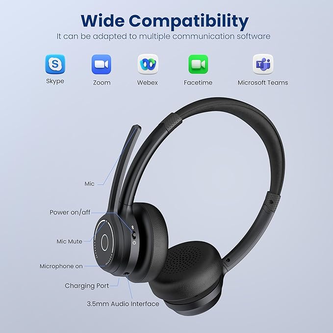 (2025 Upgraded) Wireless Headset with Mic for Work, Bluetooth Headset with Noise Canceling Microphone, Wireless On Ear Headphones with USB Dongle and Mute Mic for Computer-DeskLoop Office