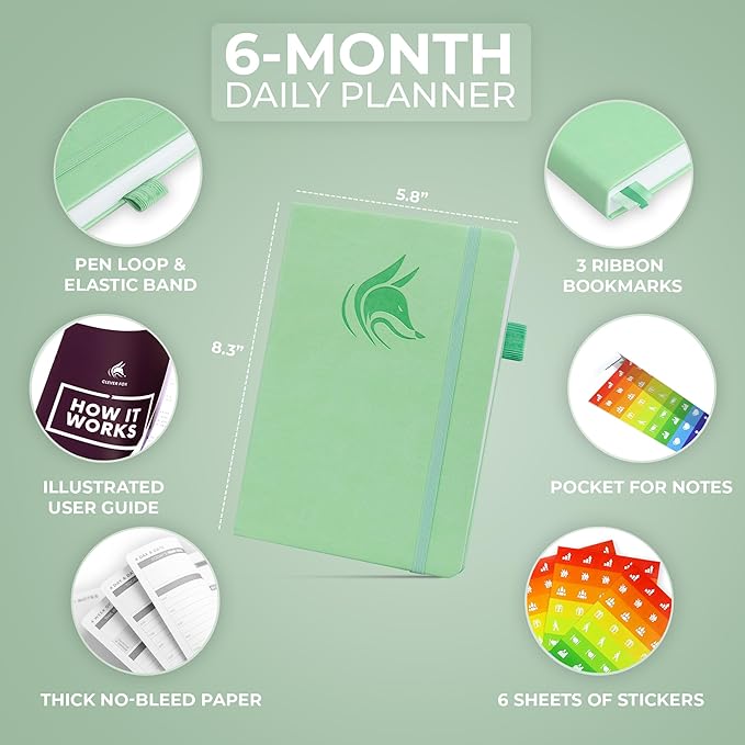 Clever Fox Daily Planner – Undated Planning Notebook with Hourly Schedule & To-Do List – Personal Day Task & Work Organizer, 6 Months (Mint Green)-DeskLoop Office