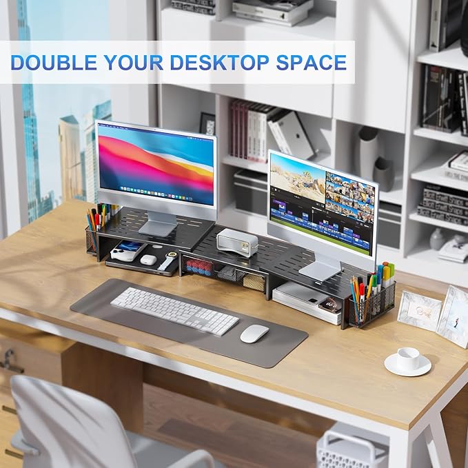 gianotter Computer Dual Monitor Stand Riser For Desk, Desk Organizers And Accessories With Drawer And 2 Pen Holder For Office, Home, School Supplies (Black)-DeskLoop Office