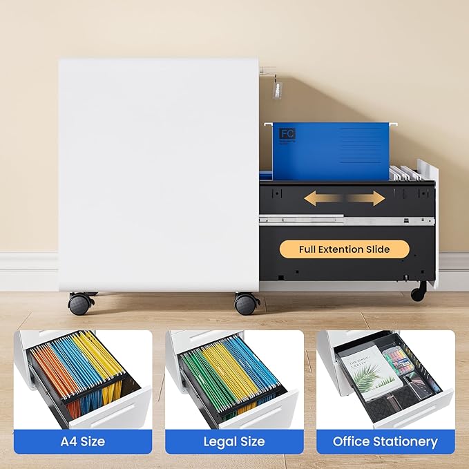 MIIIKO Mobile Filing Cabinet 3 Drawer, White Small File Cabinet with Lock Under Desk, Filing Cabinets for Home Office with Wheels, A4/Letter/Legal Hanging File Folders