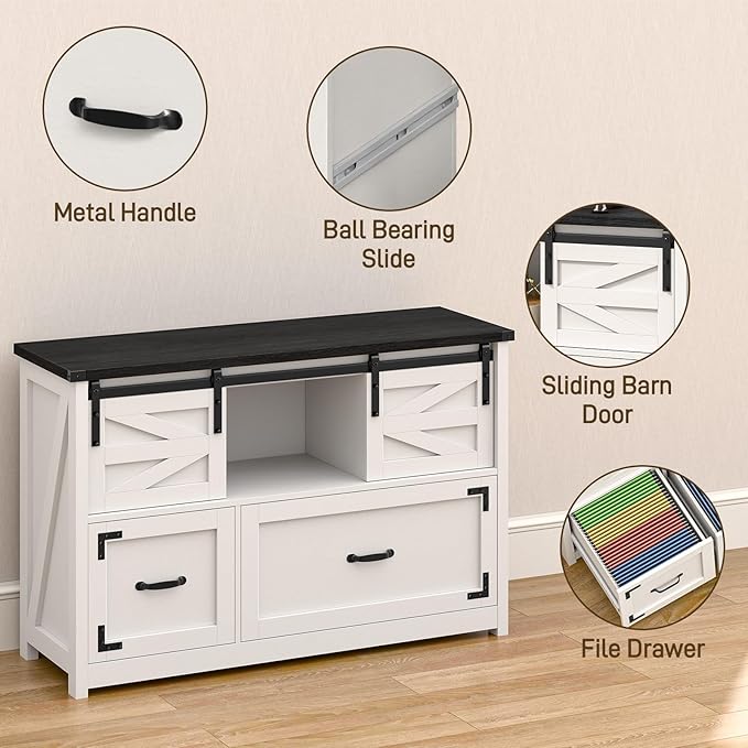 Lateral File Cabinets 2 Drawer with Sliding Barn Doors, Farmhouse Filing Cabinet with 2 Drawer for Home Office,Filing Organization Storage Cabinets for Hanging Files Letter/Legal/F4/A4.(Black.)