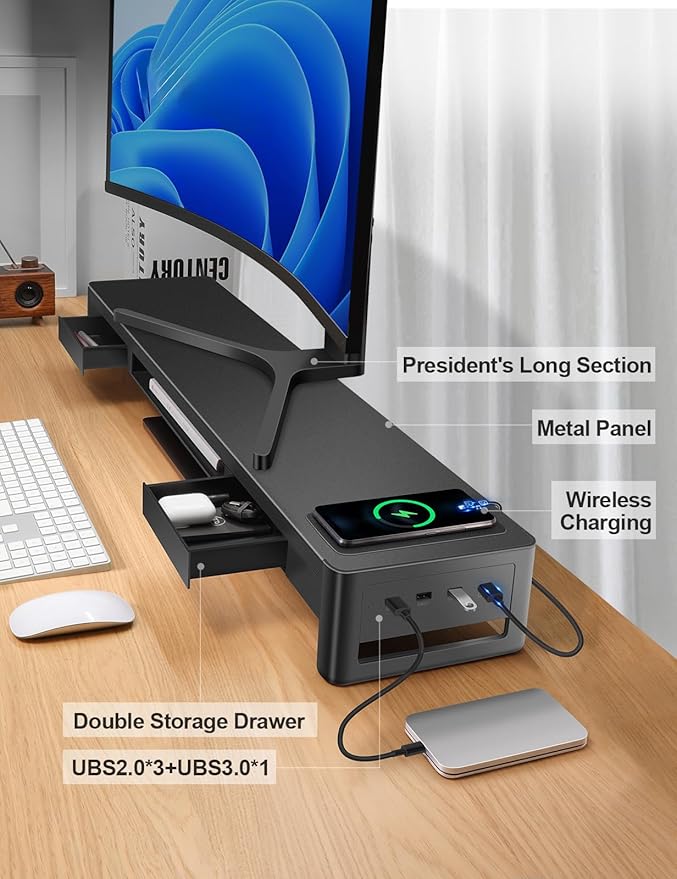 meatanty Dual Monitor Stand Riser with 2 Drawers,4 USB Ports and Charging Pad,Metal Monitor Stand for 2 Monitors Supports Transfer Data and Charging,Desk Organizer for PC,iMac(38.7 inches)-DeskLoop Office