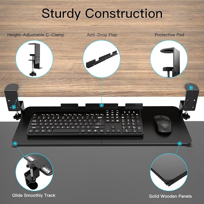 Ergonomic Keyboard Tray Under Desk Pull Out with Adjustable C-Clamp Mount, Slide-Out Computer Keyboard and Mouse Platform Drawer for Office and Home Typing (Black)-DeskLoop Office