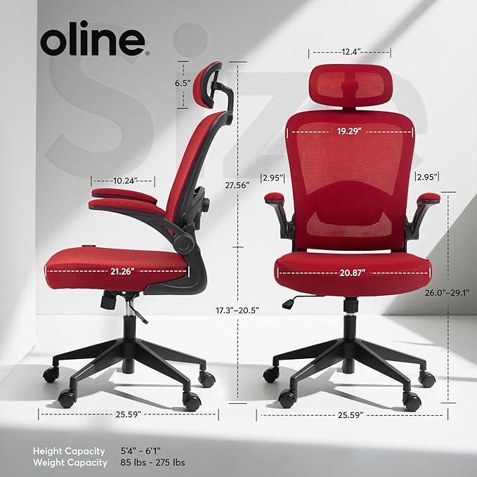 Oline ErgoAir Ergonomic Office Chair – Adjustable Lumbar Support, Flip-Up Armrests, Mesh Computer Desk Chair, Swivel Rolling Executive Gaming Chair for Home & Office (Red)-DeskLoop Office