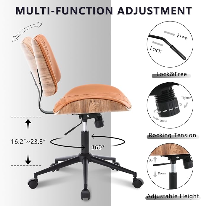 Home Office Chair No Arms with Wheels, Adjustable Height PU Leather Mid Back, 360 Swivel Computer Small Desk Chair, Armless Modern Walnut Style for Office, Reading Meeting Room(Brown)-DeskLoop Office