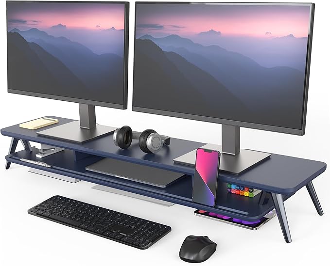 Fenge Dual Monitor Stand, Monitor Stands Riser for 2 monitors, 42.5 Inch Wood Desk Shelf with Storage Organizer and Cable Management for Office Desk Accessories-DeskLoop Office