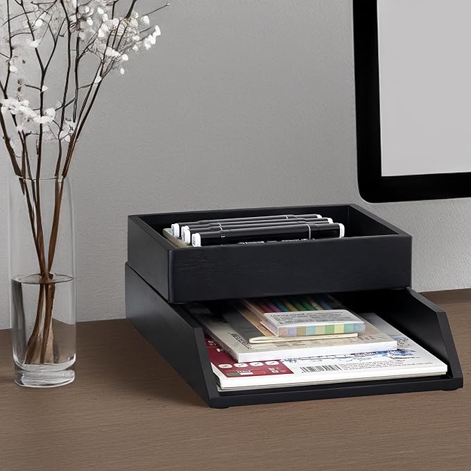 Demigo Desk Organizer Letter Tray Set of 2, Acacia Wood Tabletop Desktop for Storage Paper Letter Folders Notebooks Copy Print, Workspace Holder, Keep Stationery Saver (Black)-DeskLoop Office