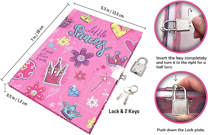 Girls Diary with Lock for Kids, 7x5.25 Inches 160 Lined Pages Secret Pink Princess Notebook for Girls Journal with Lock for Kids Pre School Writing Drawing Cute Girls Gifts for Birthday-DeskLoop Office