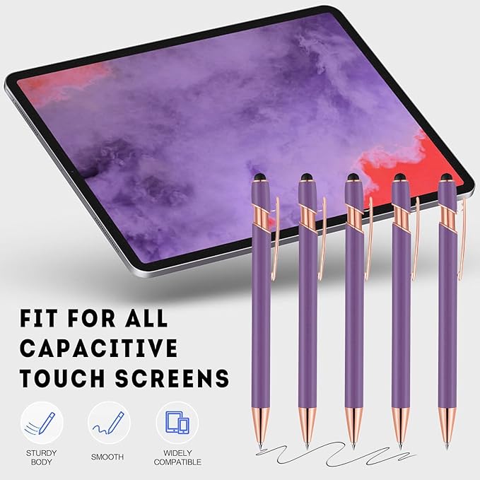 12 PCS 2 in 1 Stylus Ballpoint Pen with Stylus Tip, 1.0 mm Black Ink Metal Pen Stylus Pen for Touch Screens (Light Purple)-DeskLoop Office