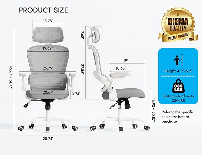 TRALT Office Chair - Ergonomic Office Chair with Back Support, Computer Chair - Home Office Desk Chairs, 330lbs Wide Seat Big and Tall Office Chairs with Headrest, Comfy Desk Chairs (Grey)-DeskLoop Office