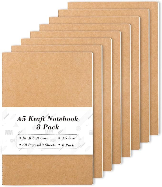 feela 8 Pack A5 Kraft Notebooks, 60 Lined Blank Pages Travel Journal Bulk, Soft Cover Notebooks for Women Girls Students, Making Plans Writing Memos Office School Supplies, 8.3 X 5.5 in-DeskLoop Office