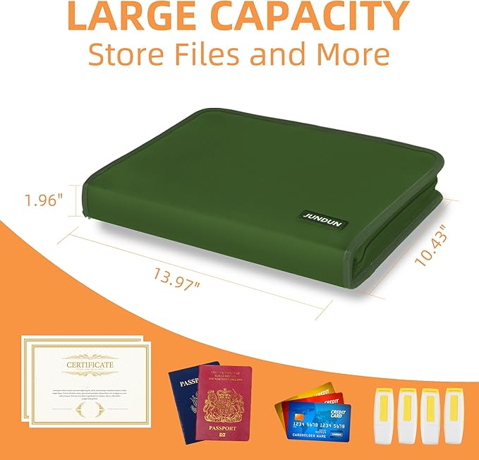 JUNDUN Accordion File Organizer - 12 Pocket Expanding File Folder with Zipper & Labels - Fireproof File Folder Organizer with Multi-Pockets,Document Organizer for Letter A4 Files and More (Green)-DeskLoop Office